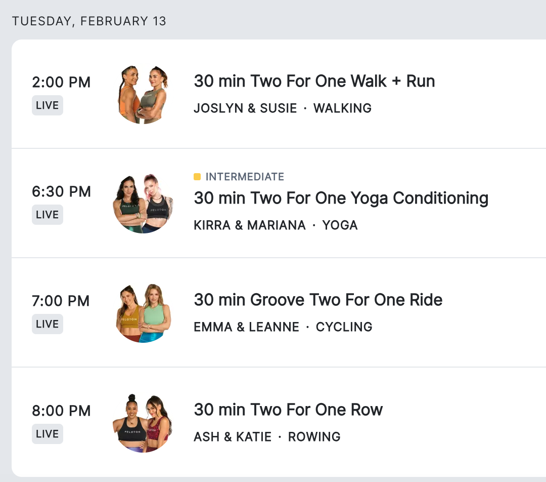 Two-For-One Peloton Classes on February 13, 2024